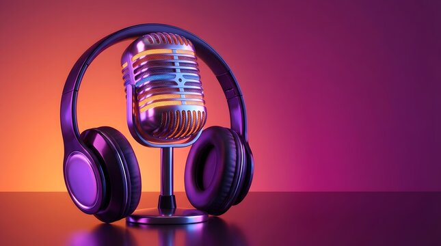 Podcast studio concept with microphone and headphones on colorful background representing audio recording broadcasting music and modern digital content creation