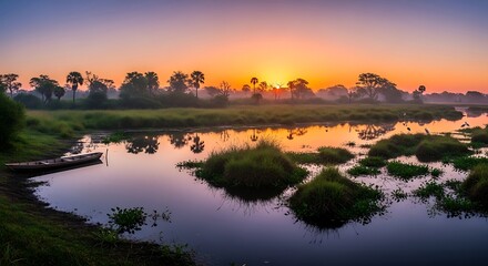 Obraz premium Tranquil sunrise over a serene river landscape with vibrant colors
