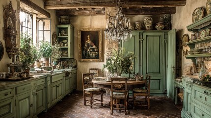 Fototapeta premium Rustic kitchen interior features green wooden cabinets and a dining table under a crystal chandelier.