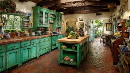 Naklejka premium Rustic farmhouse kitchen features bright green cabinetry and terracotta tiled flooring.