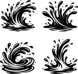 Fototapeta premium Black and White Water Splash Wave Set, High Contrast Vector Liquid Motion, Ocean Splash and Fluid Swirl Elements.