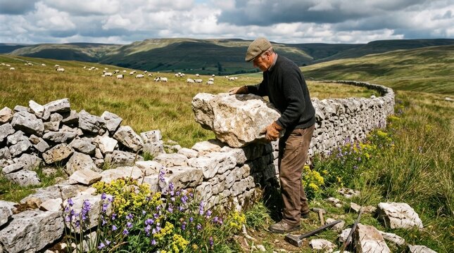 A dry stone wall being constructed in upland meadow shows a skilled waller fitting a large through-stone that spans the wall width, the stone selected from a pile of