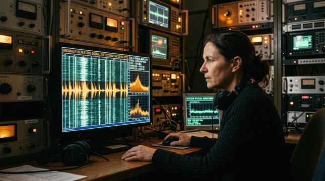 A radio telescope operator in a control room filled with vintage and modern monitoring equipment studying a signal anomaly on a waterfall display, multiple screens