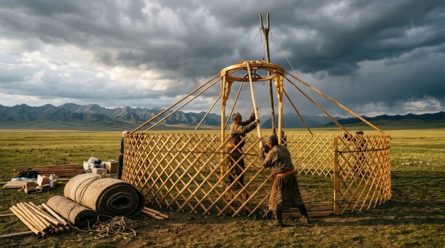 A traditional Mongolian ger assembly is photographed mid-construction on open steppe, the lattice wall sections already erected and lashed forming a circular crown-wall