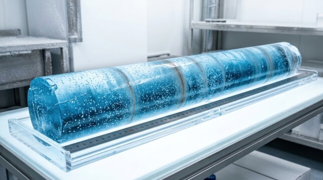 A deep section of a glacier ice core laid horizontally in a cold laboratory, the cylindrical sample one metre long and fifteen centimetres in diameter, bubbles of ancient
