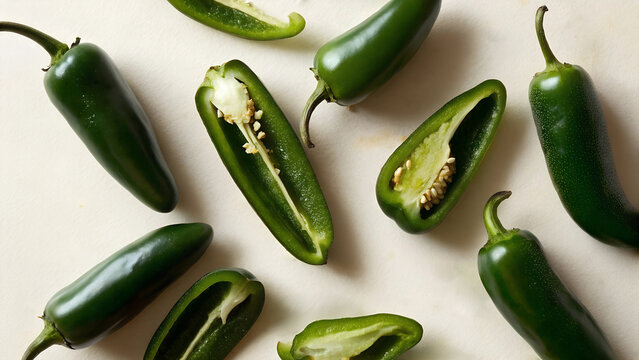 Mexican food, and healthy cooking concepts. Studio shot of organic raw ingredients for spicy seasoning and salsas. High-angle close-up of spicy chili peppers with visible seeds and stems