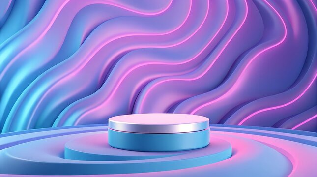 3D podium on a wavy blue and purple background with glowing pink neon lines. Minimalist product display stage with a cinematic futuristic aesthetic and soft lighting. Abstract liquid-like ripples 