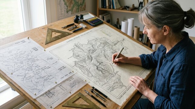 A professional cartographer hand-drawing a topographic map at a large tilted drafting table, a technical pen describing a precise contour line across a partially complete