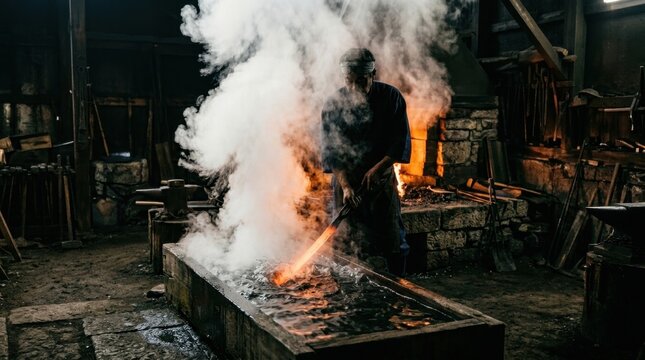 A master swordsmith quenching a freshly forged katana blade in a trough of water, a dramatic cloud of steam erupting upward in the dark smithy, the blade glowing faint