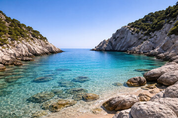 Obraz premium Turquoise cove surrounded by limestone cliffs , generated, AI