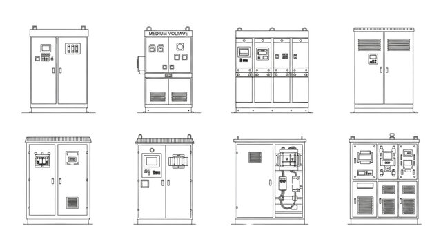 Collection of electrical control panels and distribution boxes