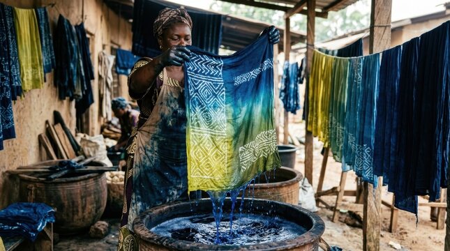 A traditional indigo resist-dyeing workshop shows fabric being removed from the dye vat and oxidizing in real time, the cloth transitioning from yellow-green to vivid