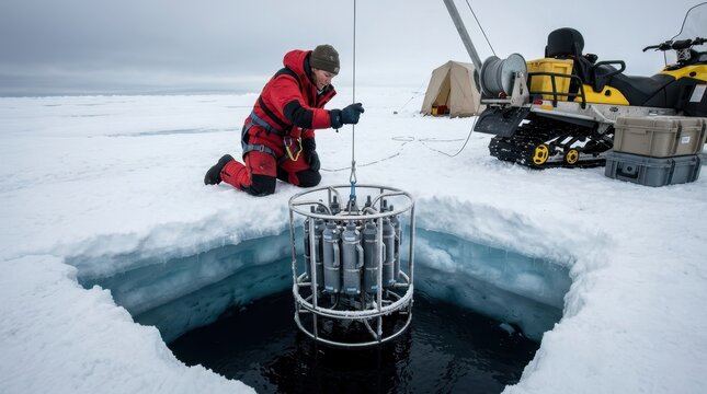 A polar oceanographer lowering a CTD rosette sampling instrument through a hole cut in Antarctic sea ice, the instrument descending into ink-black water below the ice