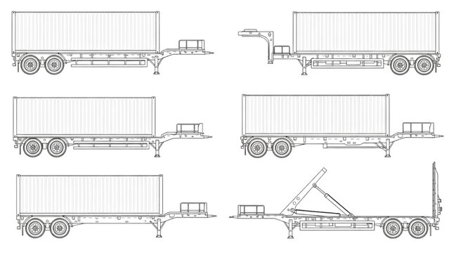 Detailed technical line drawings of various container chassis for intermodal logistics