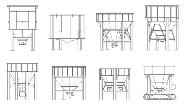 Engineering blueprints Diverse industrial hoppers and silos for bulk material storage
