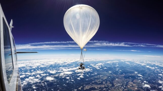 A high-altitude weather balloon ascending through the tropopause is photographed from a chase aircraft, the balloon envelope fully inflated to ten meters diameter at this