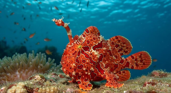 Vibrant orange frogfish underwater showcasing intricate patterns and marine life