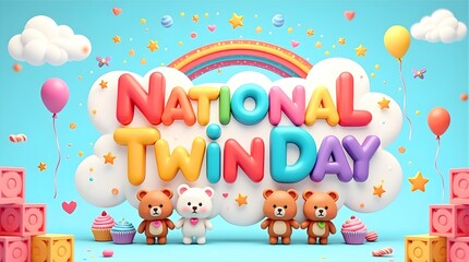 Fototapeta premium National Twin Day Celebration Illustration Featuring Rainbow Teddy Bear Balloon Cupcake Candy Toy Block Festive Multicolor Letter Poster Design