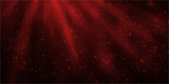 abstract, dynamic illustration features vibrant red rays of light radiating downwards, illuminating small particles to produce a captivating visual.