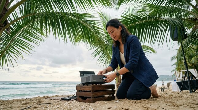 from a low angle perspective, the 40-year-old asian female host is seen kneeling beside the projector, with vibrant palm leaves overhead and the gentle ocean waves in the