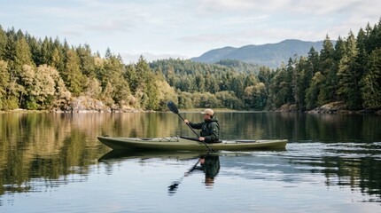 Fototapeta premium a graphic commercial composition of the kayak gliding smoothly across the lake, positioned centrally with ample negative space around it for advertising copy. the