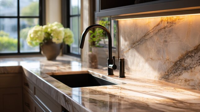 Modern luxury kitchen with marble countertop and black faucet