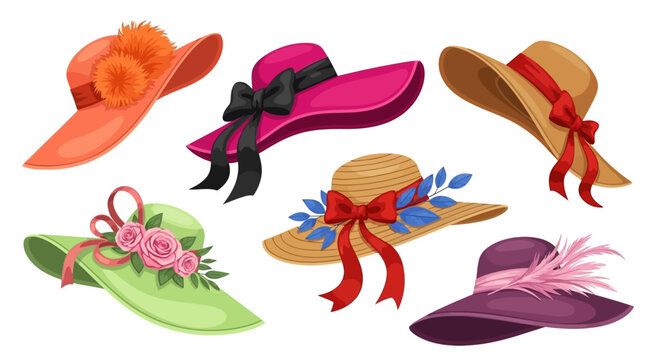 Set of stylish women's wide-brimmed sun hats with decorative ribbons, flowers, and feathers