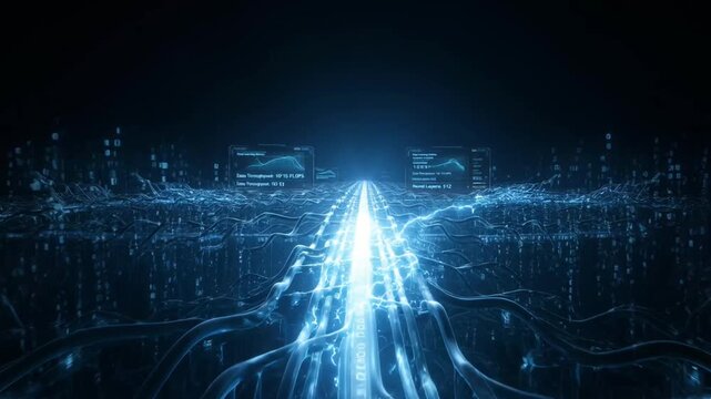 Abstract digital highway of light and data streams an visualization of a digital or network, made of glowing blue lines and illuminated by a bright central network connection technology blue stream