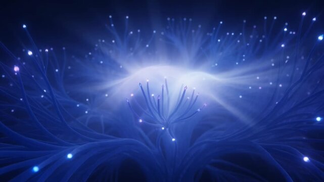 Abstract blue tree network with glowing lights an visualization of a branching network, resembling a or neural pathway, with pulsing tendrils and bright nodes abstract art background technology scienc