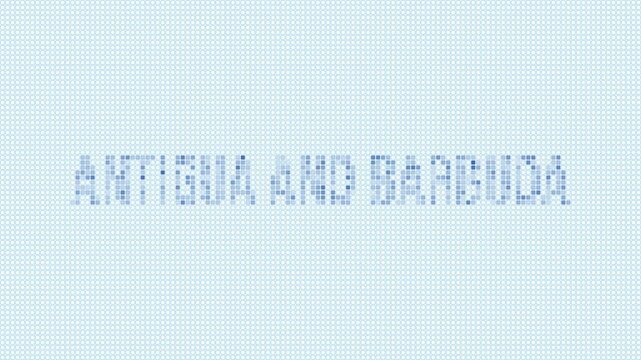 Antigua and Barbuda dotted map animation. Digital style shape of the country. Antigua and Barbuda shape and title dots appear with bulb flickering effect. Intro, outro, logo, title video.