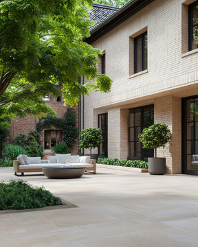 Modern courtyard with beige stone tile, outdoor sofa, round fire pit, potted trees, lush greenery, and large windows create tranquil atmosphere