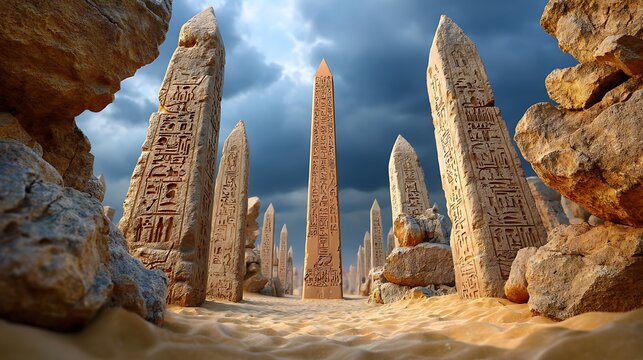 Ancient Egyptian obelisks in sandstone courtyard under dramatic stormy sky