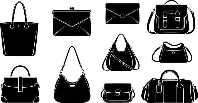 Fashion accessories and luxury leather purse icon set featuring simple black silhouettes of stylish female handbags &ndash; Black and White Vector Illustration