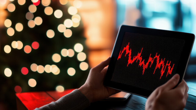 Person holding tablet displaying red graph, blurred Christmas tree lights in background, festive atmosphere, technology, holiday, data analysis