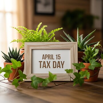 A wooden picture frame with the text april 15 tax day surrounded by plants