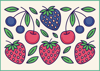 Fototapeta premium Various hand drawn red and blue strawberries and cherries with green leaves are arranged across a cream colored rectangular frame.