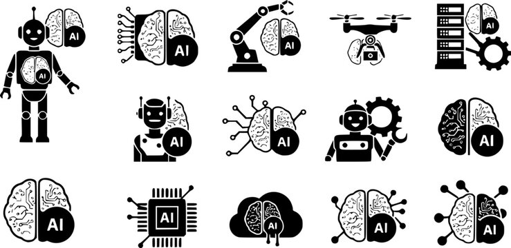 Artificial intelligence technology and future automation robot icon set featuring simple black silhouettes of robotic figures with ai brain symbols &ndash; Black and White Vector Illustration