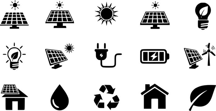 Green sustainability and solar energy technology icon set featuring simple black silhouettes of solar panels and power source symbols &ndash; Black and White Vector Illustration