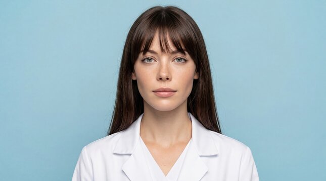 A young Caucasian woman with long brown hair and bangs wears a white lab coat against a light blue background. She has a neutral expression and is looking directly at the camera.