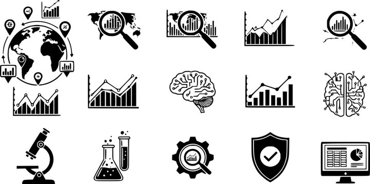 Global science and statistical data analysis icon set featuring simple black silhouettes of research tools and world globe &ndash; Black and White Vector Illustration