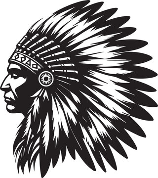 Black and white silhouette vector of a Native American chief profile with a feathered headdress on a clean white background.