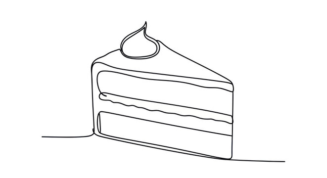 Minimalist single line drawing of a delicious slice of cake with frosting