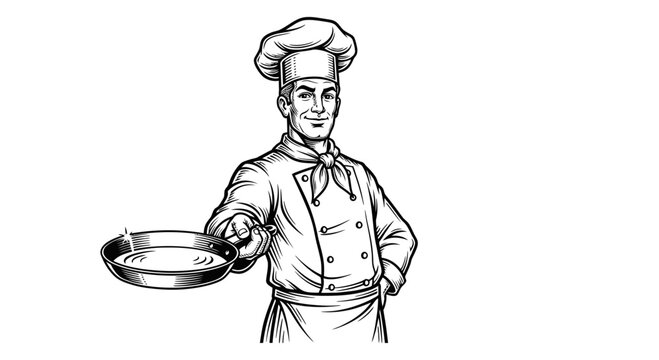 Smiling Professional Chef in Traditional Uniform Holding a Frying Pan, Retro Vintage Woodcut Style Vector Illustration