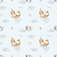 Pattern whale narwhal, seagulls sailors in clouds, seine, seaweed, corals. Watercolor illustration fish bird hand-drawn in nautical children's style, on blue background for design fabrics wallpaper © Anastasia Brekhova