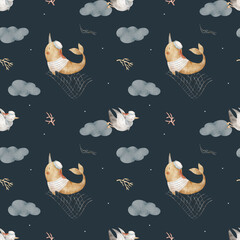 Pattern whale narwhal, seagulls sailors in clouds, seine, seaweed, corals. Watercolor illustration fish bird hand-drawn in nautical children's style, dark blue background for design fabrics wallpaper © Anastasia Brekhova