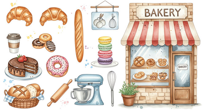 Flat lay illustration of various bakery items and tools arranged with a cartoon-style bakery storefront on a white background.