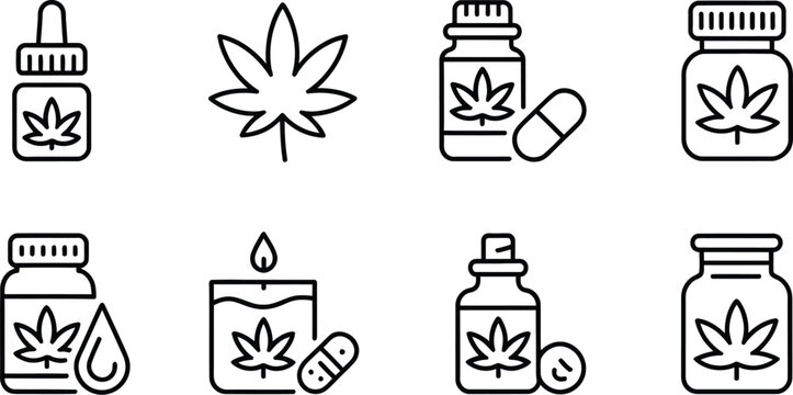 Set of cannabis icons, marijuana leaf, oil, pills, and products