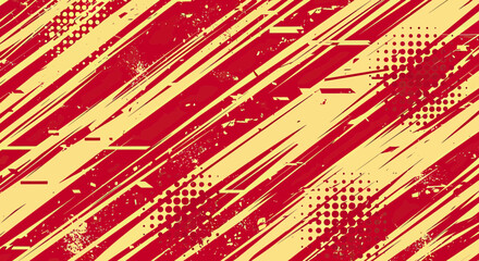 Fototapeta premium Abstract Grunge Urban Background with Dynamic Red and Yellow Diagonal Stripes and Halftone Dots Texture