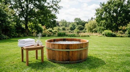Fototapeta premium a bold, clean composition highlighting the rustic cold plunge tub in the center, surrounded by soft white towels and the steaming teapot with two cups, optimized for