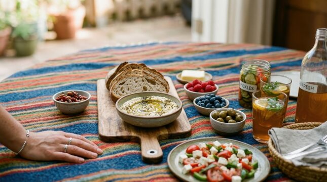 a tight shot focusing on the vibrant picnic blanket beneath the manager, showcasing the colorful array of food and drinks, inviting and lively atmosphere, soft